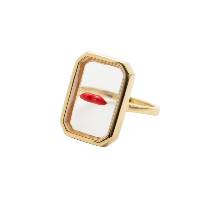 Lips Red & Transparent Gold Plated Ring