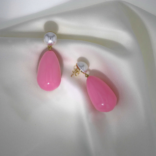 Drop Pink & White Gold Plated Earrings w. Pearls