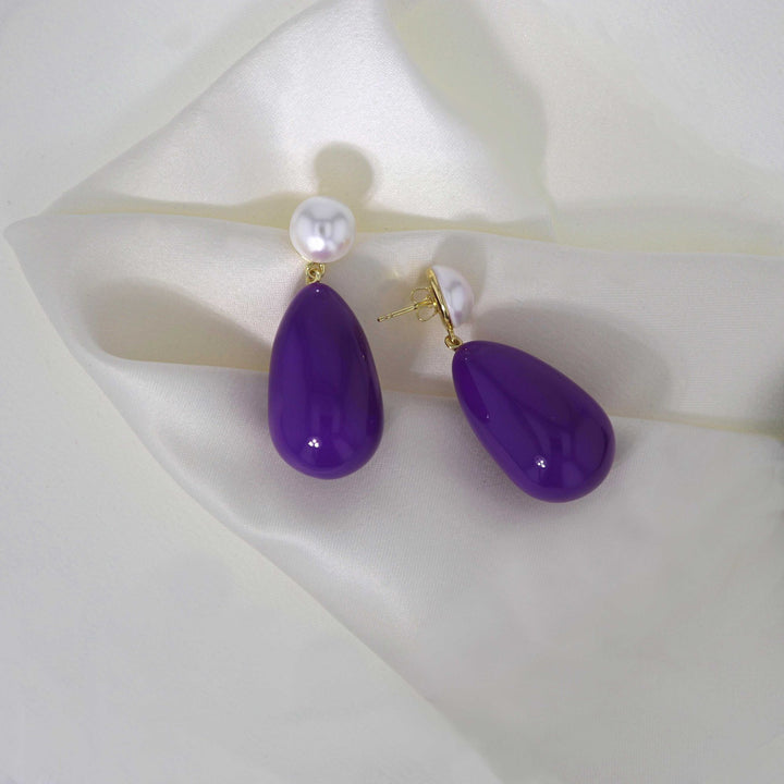 Drop Lilla & Hvide Forgyldt Øreringe m. Perler