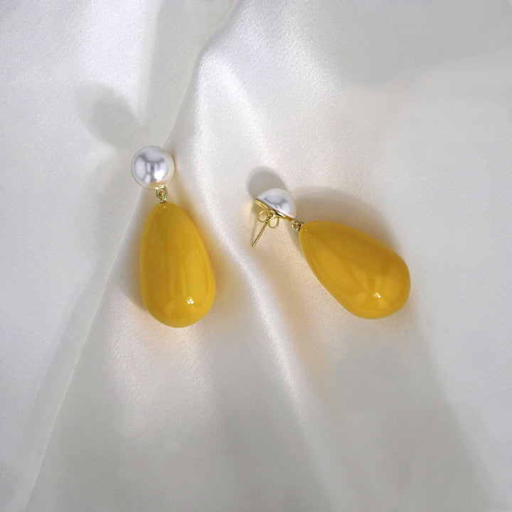 Drop Gule & Hvide Forgyldte Øreringe m. Perler