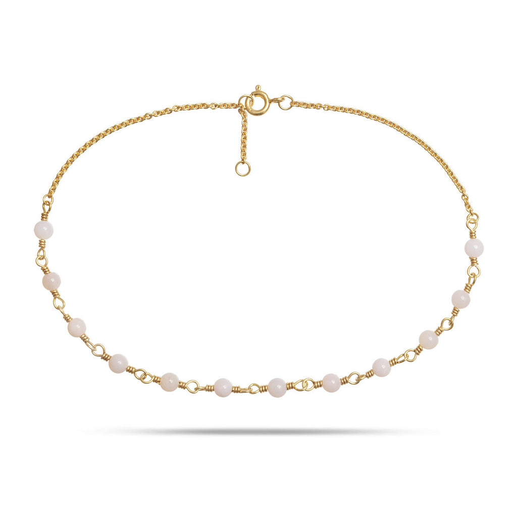 White 18K Gold Plated Anklet w. Pearls & Opal
