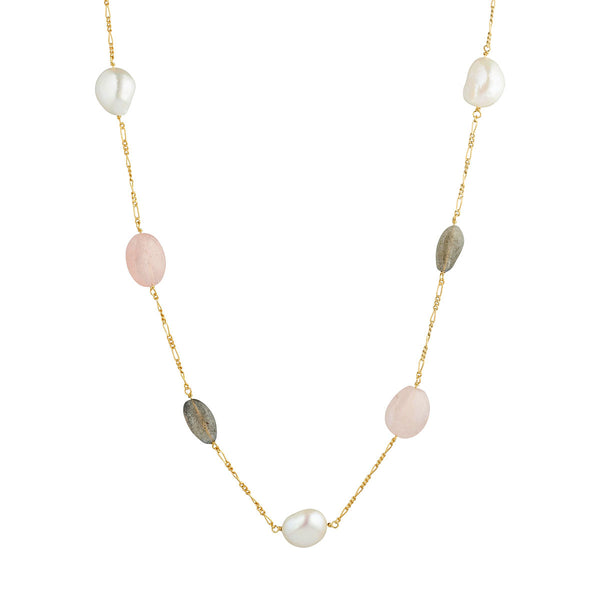 Valentine 18K Gold Plated Necklace w. Pearls, Morganite & Laboradorite
