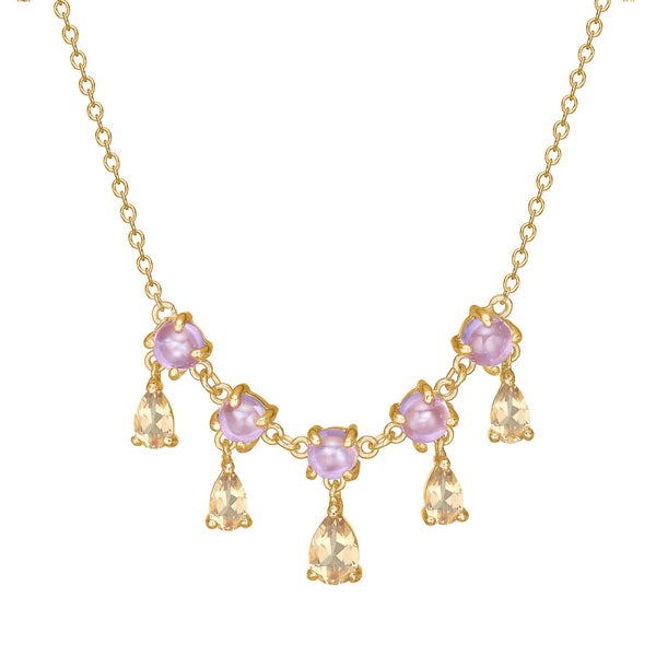Unicorn 18K Gold Plated Necklace w. Amethyst & pear cut Quartz