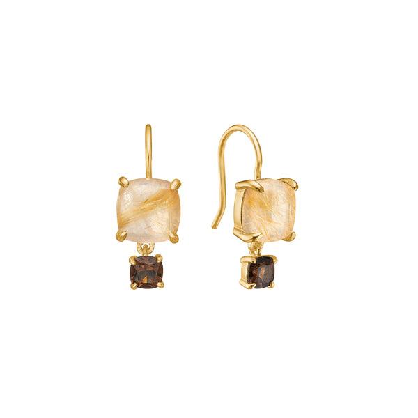 18K Gold Plated Earrings w. Rutile & Smoked Quartz