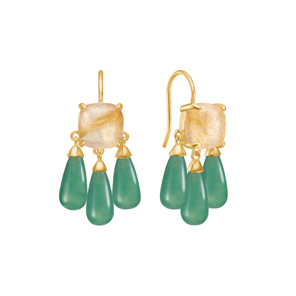 18K Gold Plated Earrings w. Quartz & Green Agate