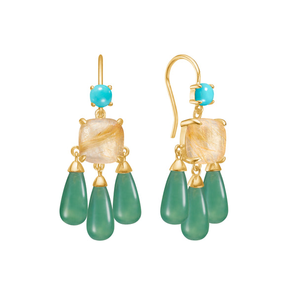 18K Gold Plated Earrings w. Quartz, Agate & Turquoise