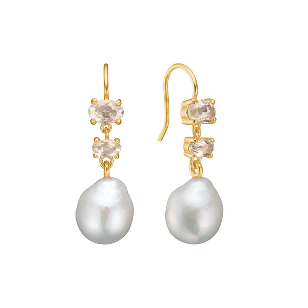 Unicorn 18K Gold Plated Earrings w. Quartz & Pearls