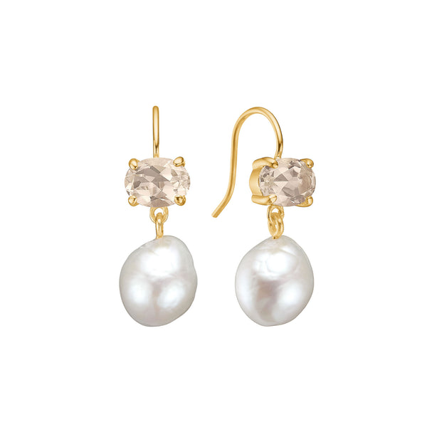 Unicorn 18K Gold Plated Earrings w. oval cut Quartz & Pearls