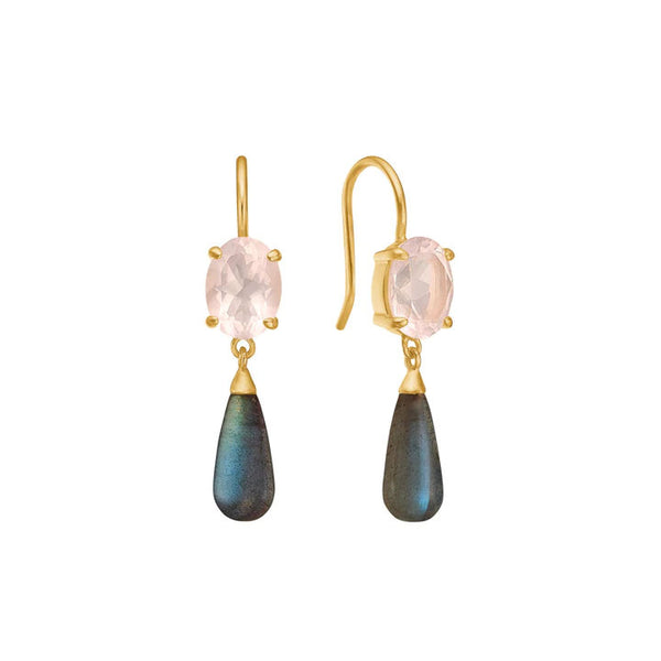 Rose Drop 18K Gold Plated Earrings w. Quartz & Labradorite