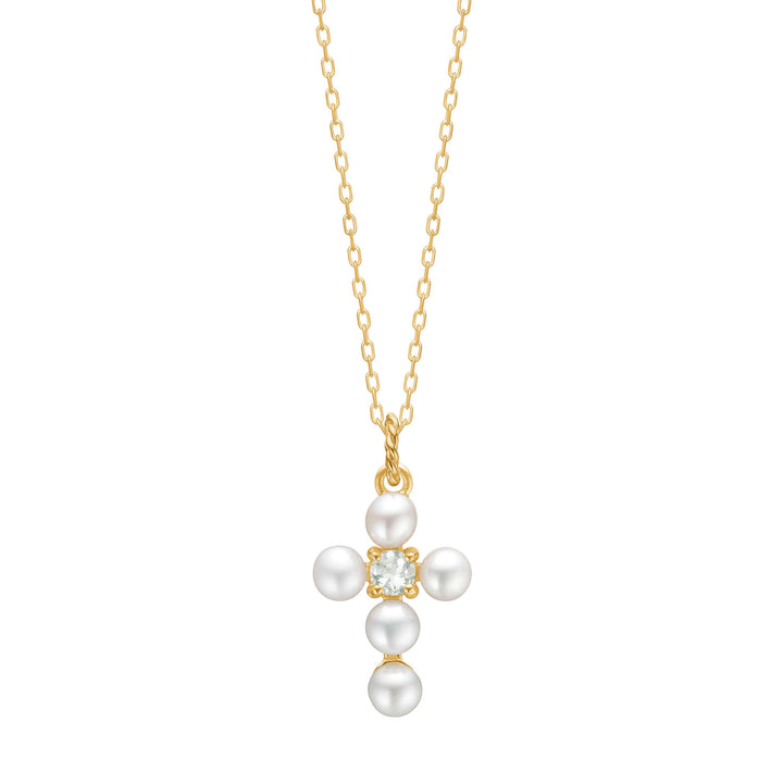 Reef 18K Gold Plated Pendant Cross w. Prasiolite & Pearl