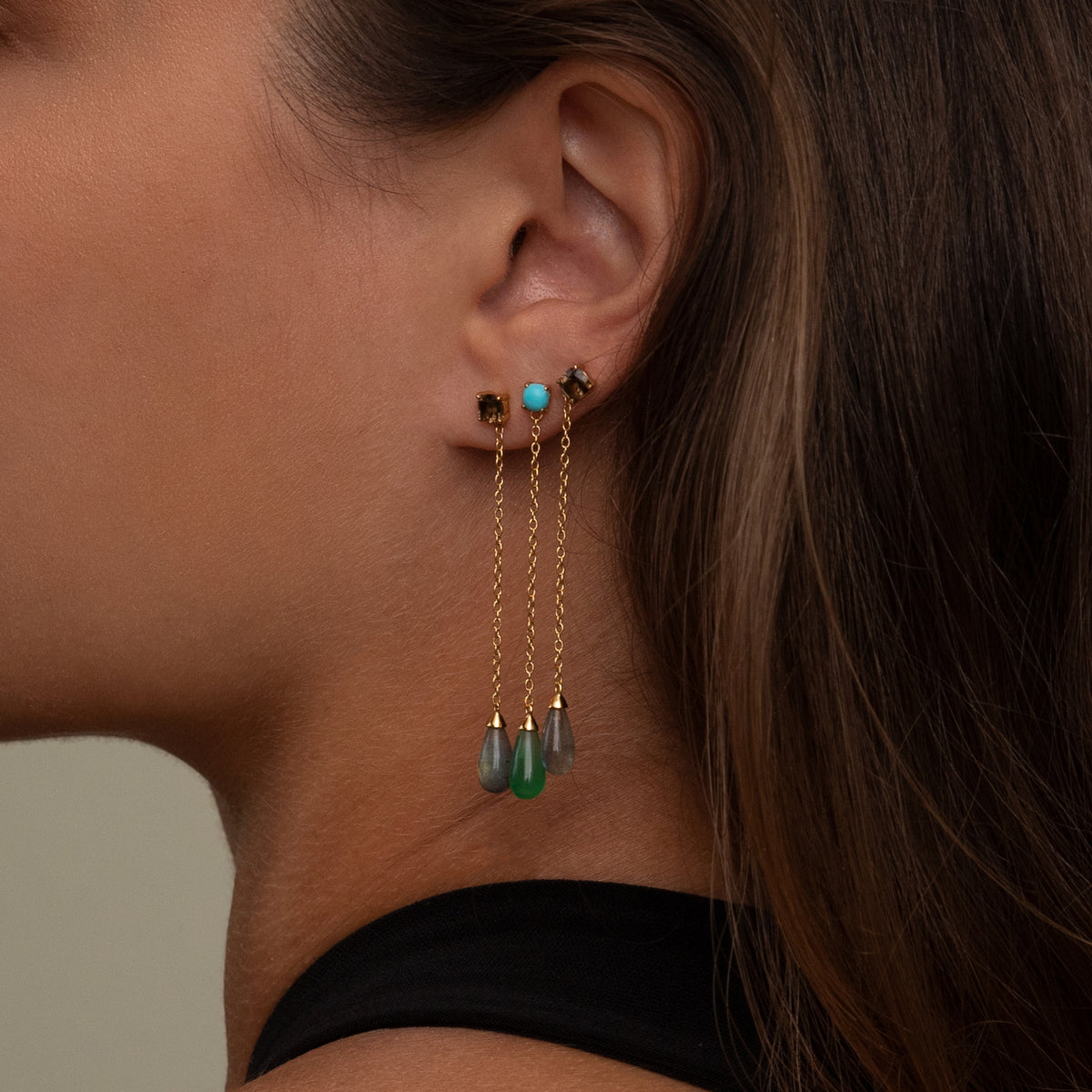 18K Gold Plated Stud w. Labradorite & Quartz