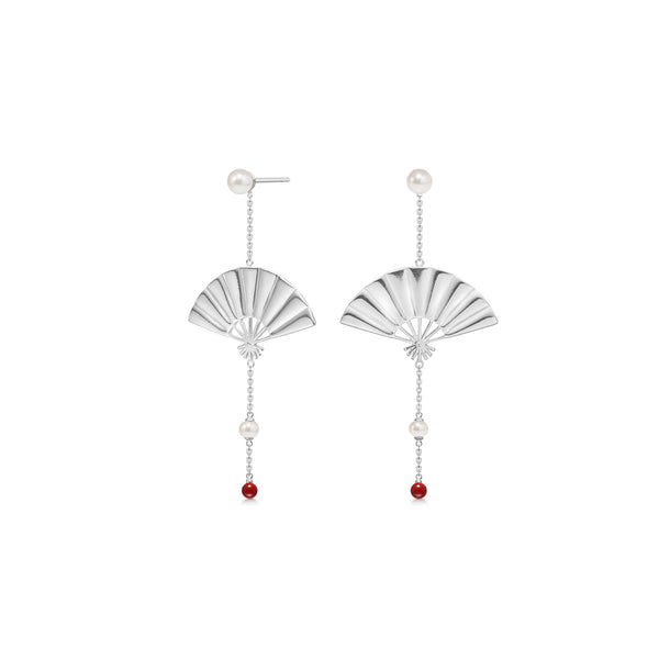 Hanging Fan Silver Earrings w. Pearl & Coral