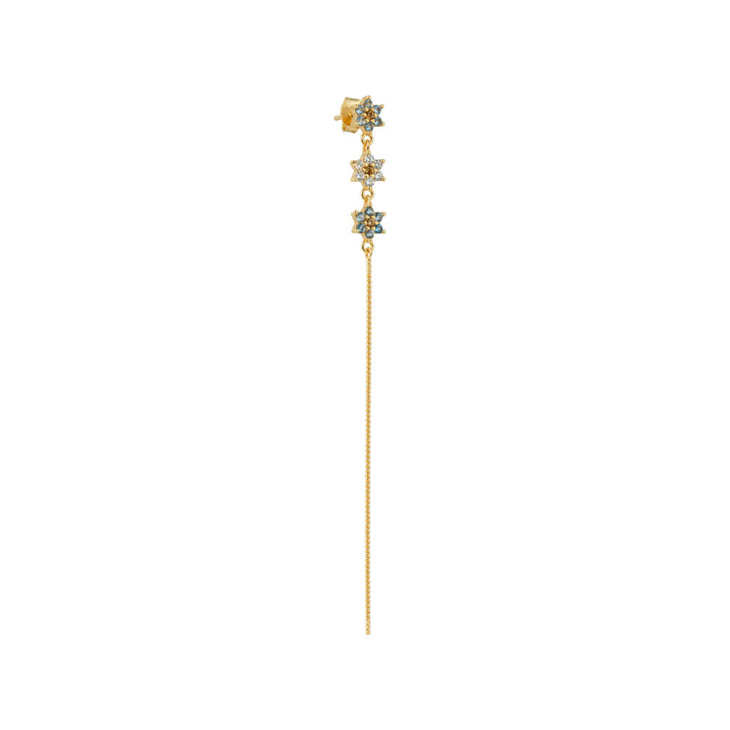 Flower Wand 18K Gold Plated Stud w. Blue, White, Orange & Brown Zirconia