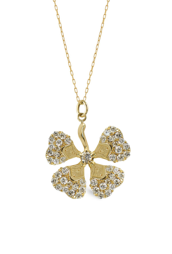 Four Leaf Clover 14K Gold Necklace w. Diamonds