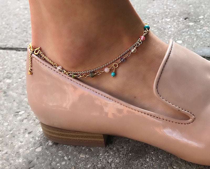 Mixed coloured Pastels 18K Gold Plated Anklet w. Gemstones