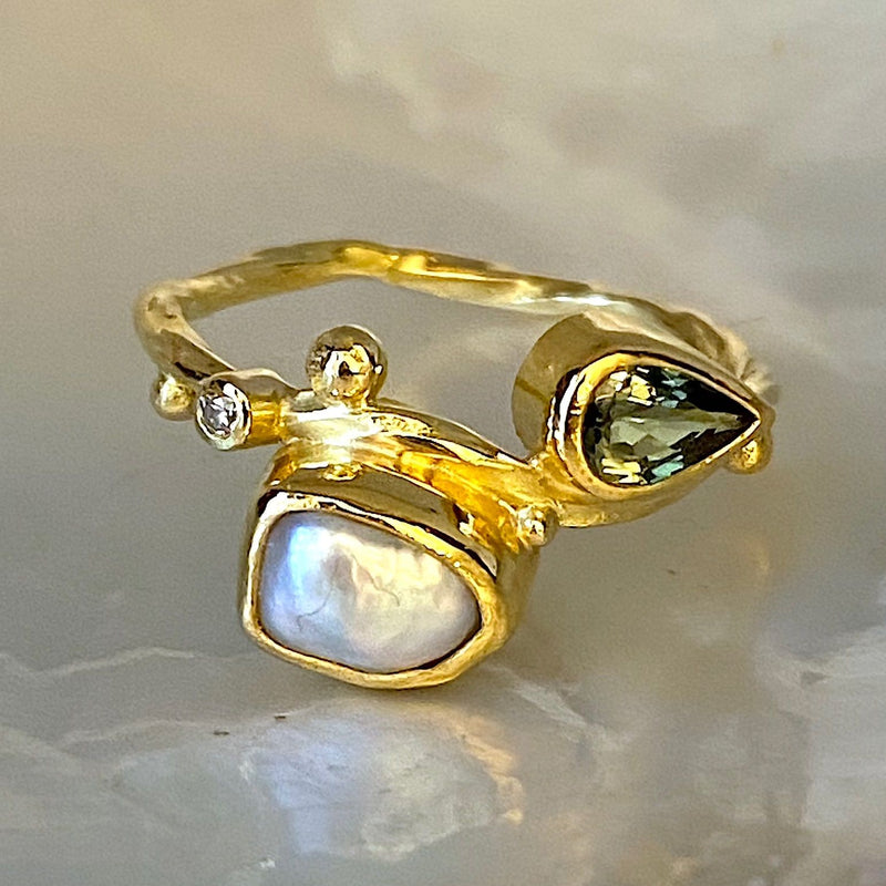 Seafire 18K & 22K Gold Ring w. Diamonds, Sapphire & Pearl