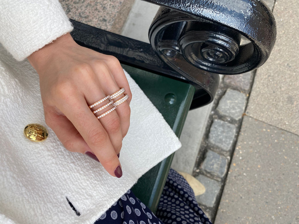 Dreireihiger Single Parallel Goldring aus 18K, Rosegold- oder Weißgold I Diamanten