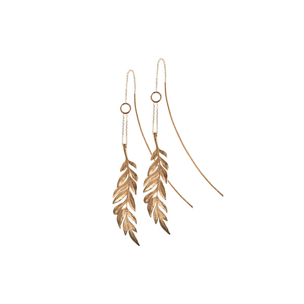 Long Fern 14K Gold Earrings w. Diamonds