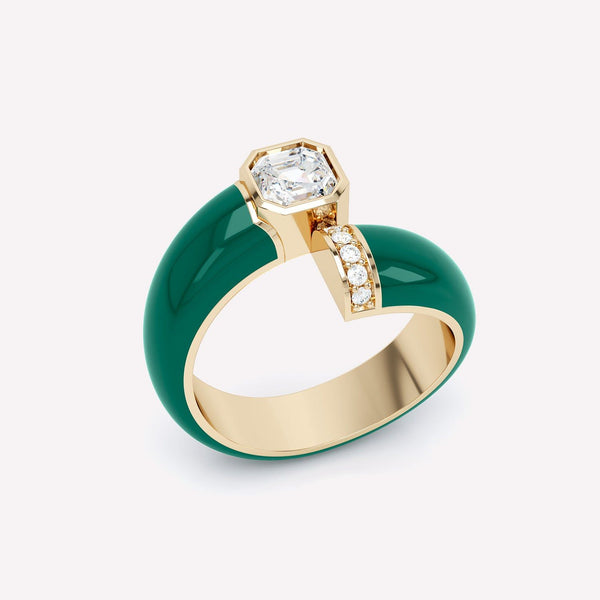 Toi et Moi Green Asscher 18K Gold Ring w. Lab-Grown Diamonds