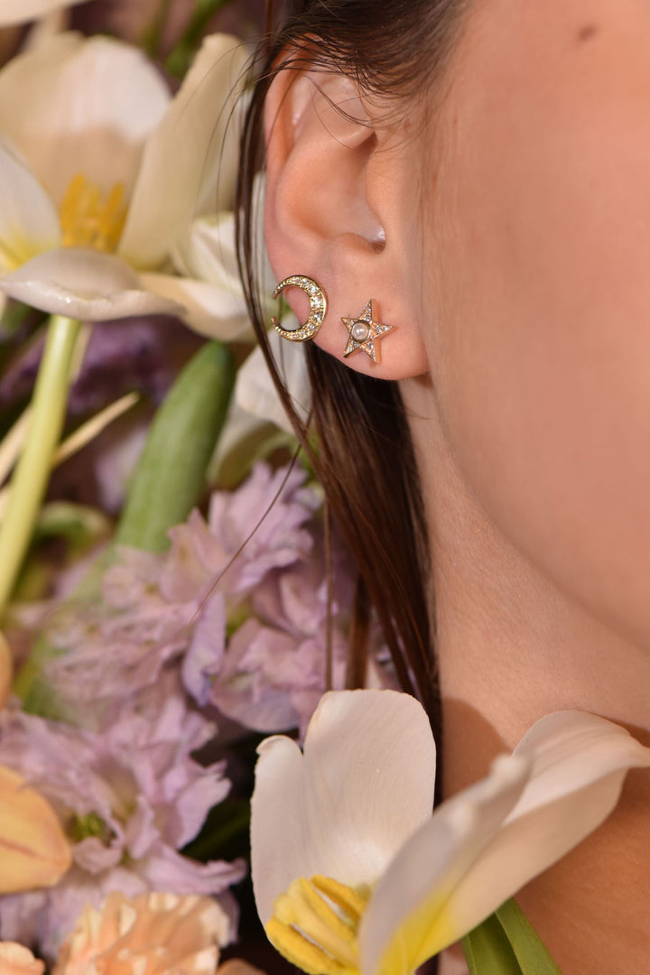 Moon & Star 14K Gold Studs w. Diamonds