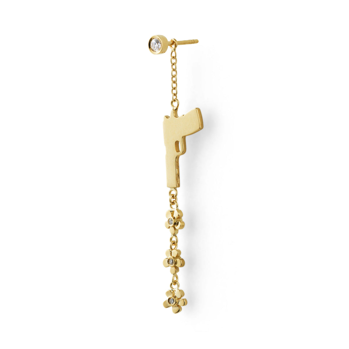 Flower Gun with Flash 18K Gold Earring w. Diamonds
