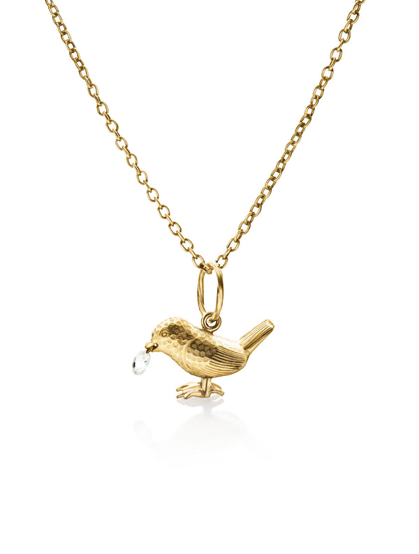 Drop Bird 18K Gold Necklace w. Diamonds