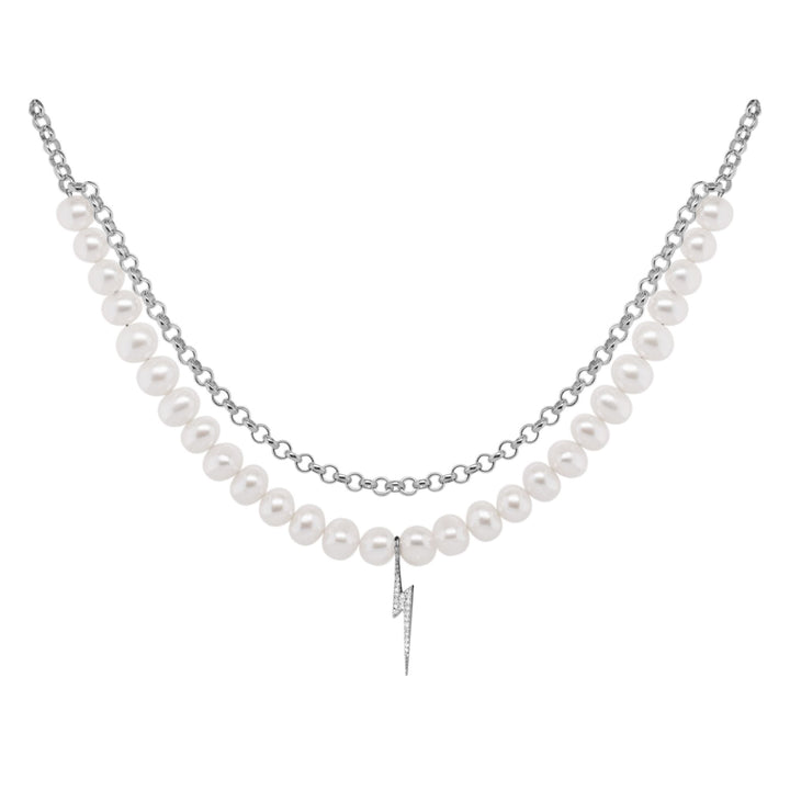 Bolt oxideret Sølv Halskæde m. Perle & Zirkon