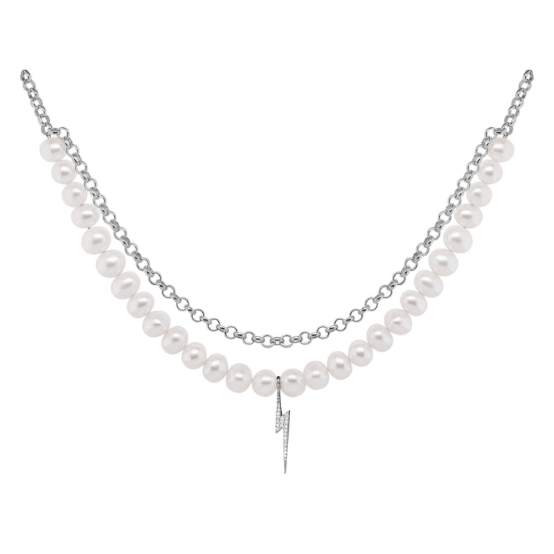 Bolt oxidized Silver Necklace w. Pearl & Zirconia
