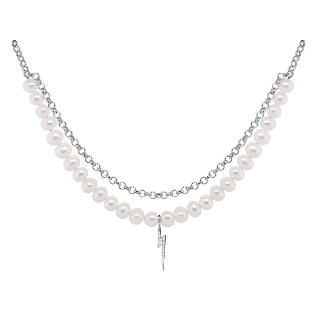 Bolt oxideret Sølv Halskæde m. Perle & Zirkon