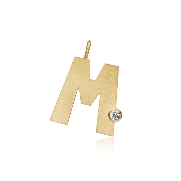 Letter M 18K Gold Pendant w. Diamond