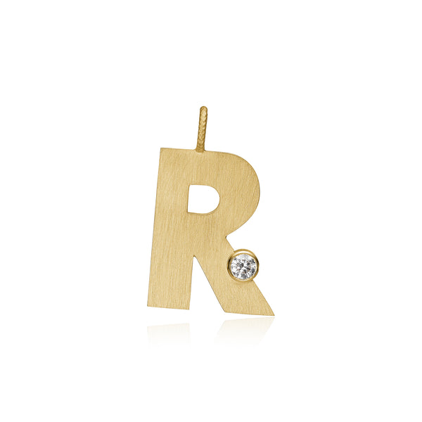 Letter R 18K Gold Pendant w. Diamond