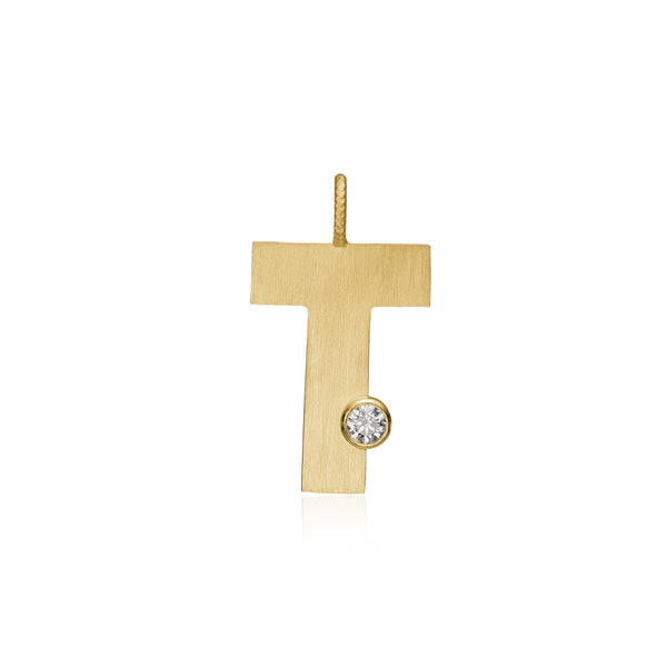 Letter T 18K Gold Pendant w. Diamond