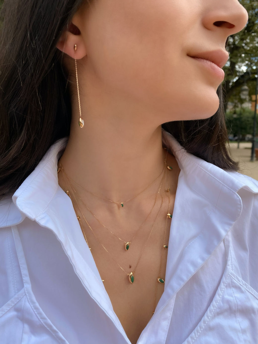 Swinging Triple Pendant 18K Rosegold Necklace w. Malachite & Pearl