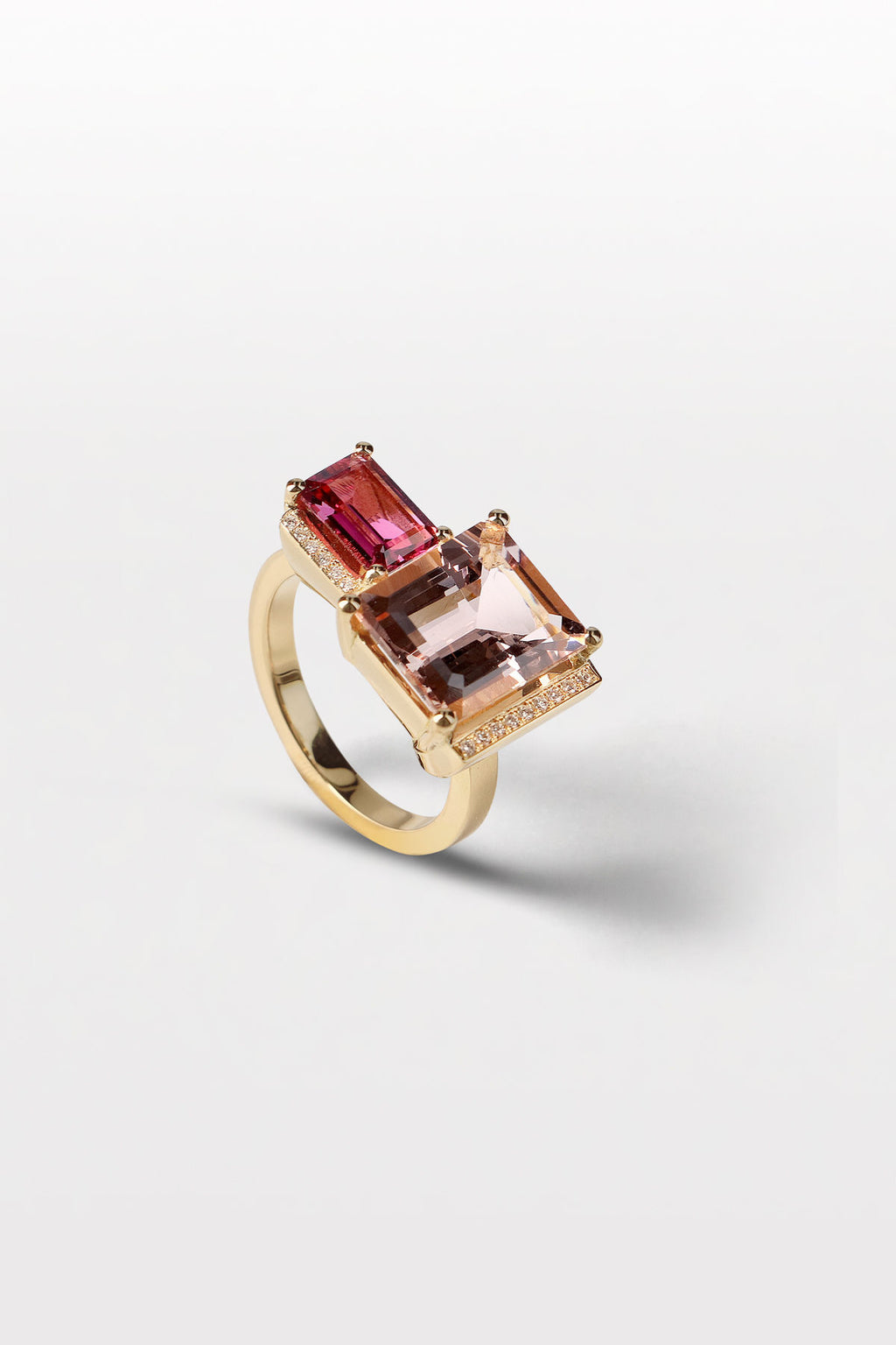 Lustre Ring 14 18K Gold Ring w. Morganite, Tourmalin & Diamond