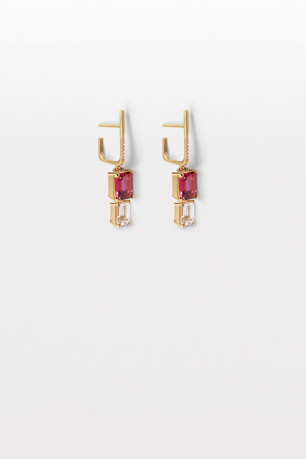Lustre 19 18K Gold Earrings w. Tourmalin, Morganite & Diamond