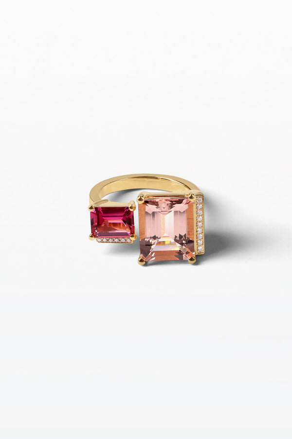 Lustre Ring 14 18K Gold Ring w. Morganite, Tourmalin & Diamond