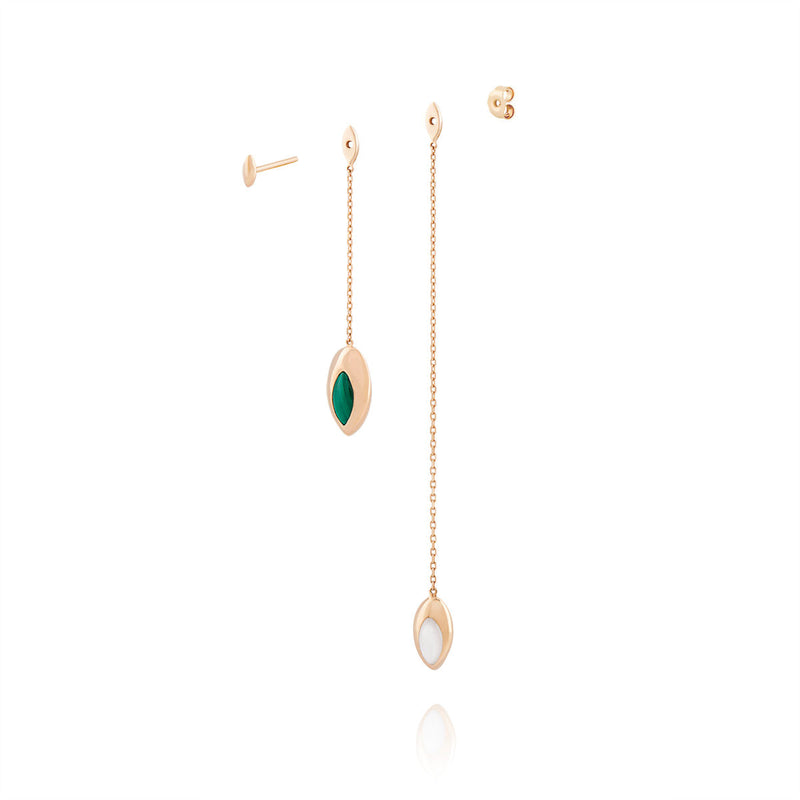 Double Swinging Chain 18K Rosegold Earrings w. Malachite & Pearl