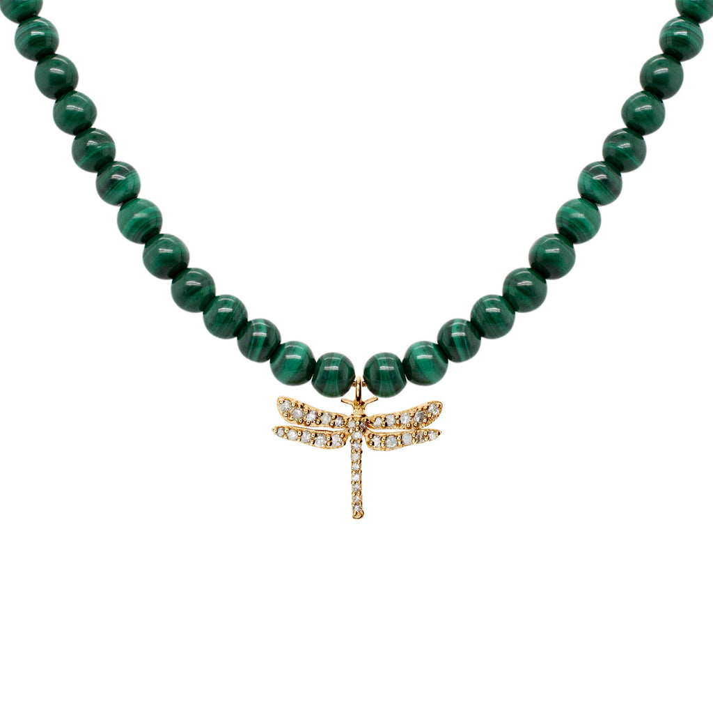 Dragonfly Necklace 18K Gold Plated Necklace w. Malachite & Diamond