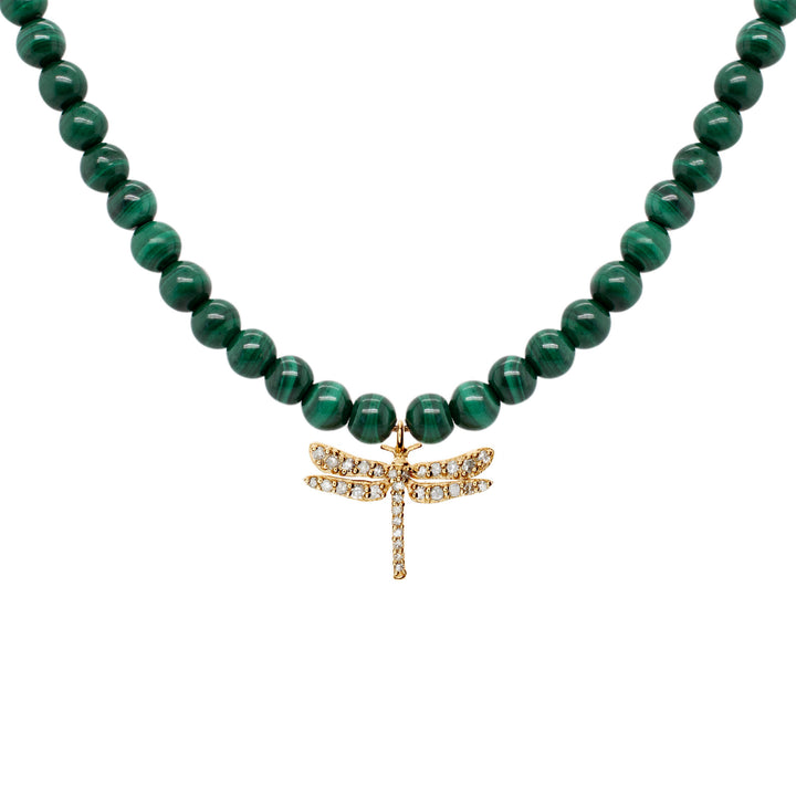 Dragonfly Necklace 18K Gold Plated Necklace w. Malachite & Diamond