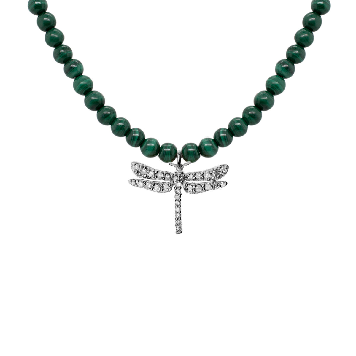 Dragonfly Oxidized Silver Necklace w. Malachite & Diamond