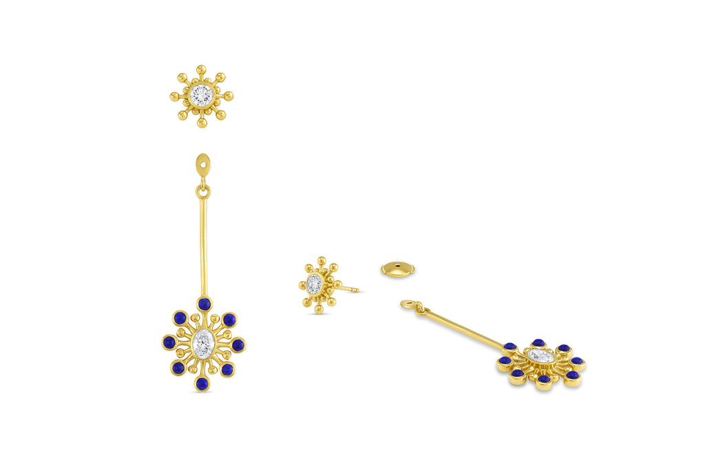 Mazahri | Cosmos Dangle 18K Gold Earrings w. Diamond & Lapis