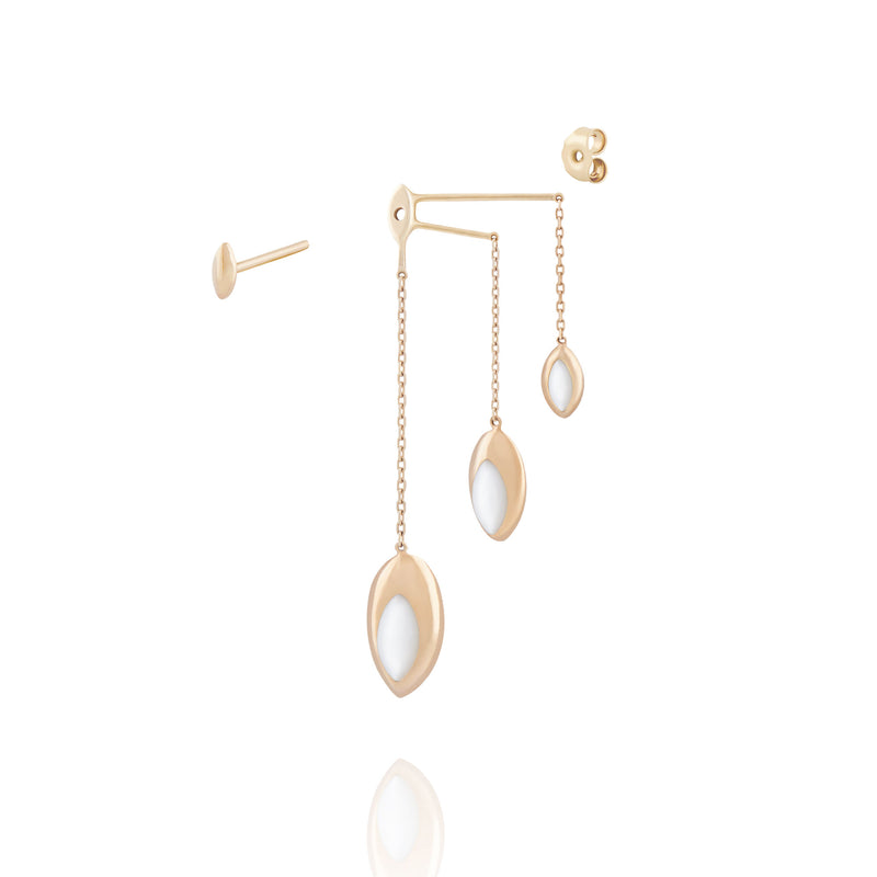 Swinging Triple Chain 18K Rosegold Earrings w. Malachite & Pearl