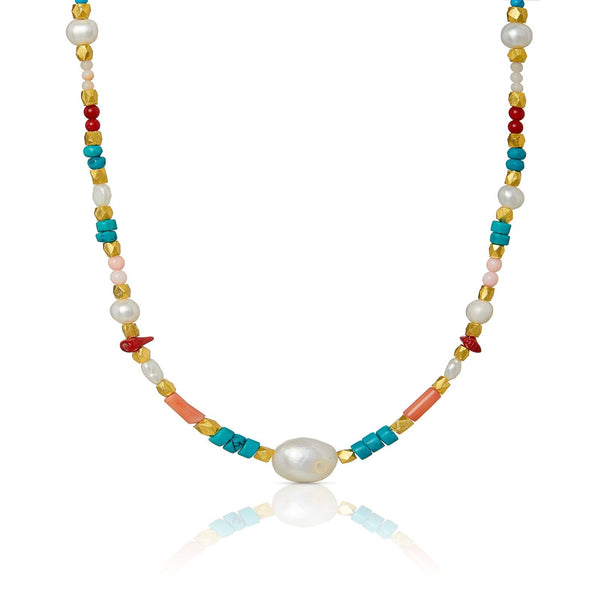 Ningaloo 18K Gold Plated Necklace w. Coral, Pearls & Turquoise