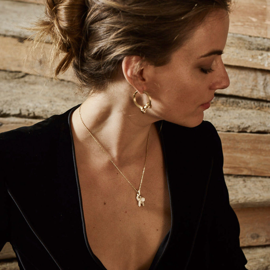 Medium Elephant Charm Pavé 18K Gold Pendant w. Diamonds