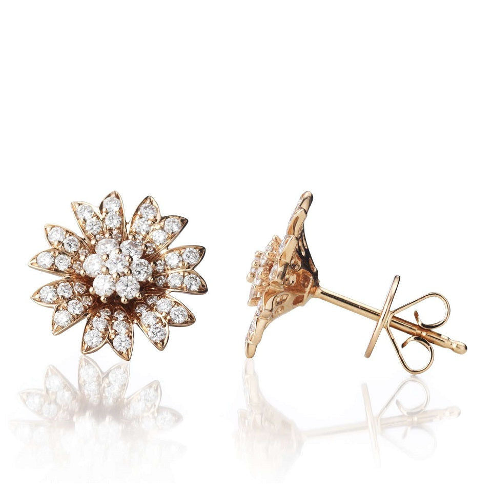 Flower Large 18K Gold, Rosegold or Whitegold Studs w. Diamonds