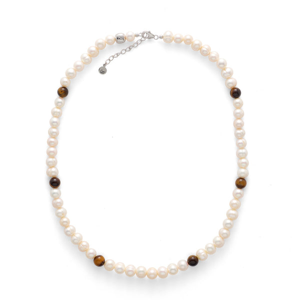 Silver Necklace w. Pearls & Brown Tiger's Eye