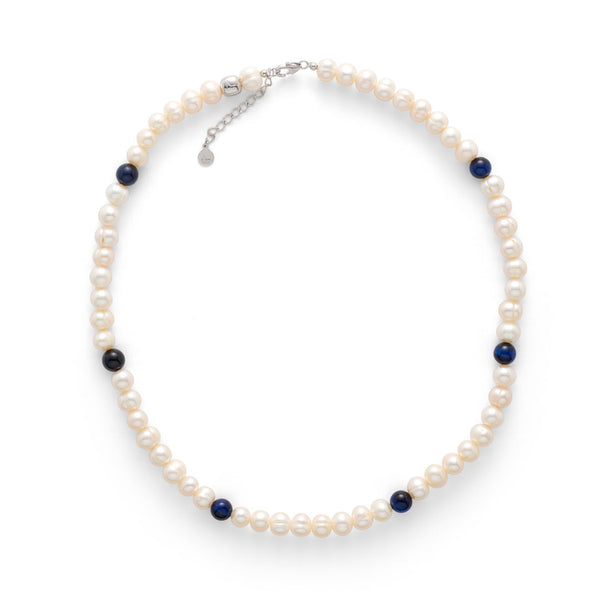 Silver Necklace w. Pearls & Blue Tiger's Eye
