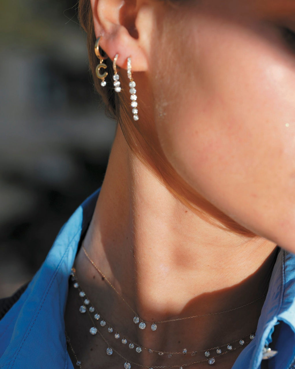 Danaé Hanging 3 Piercing 18K Gold Hoop w. Diamonds