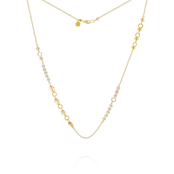 Piccolo Mellow 18K Gold Necklace, 43 cm w. Pearl, Quartz & Sapphire