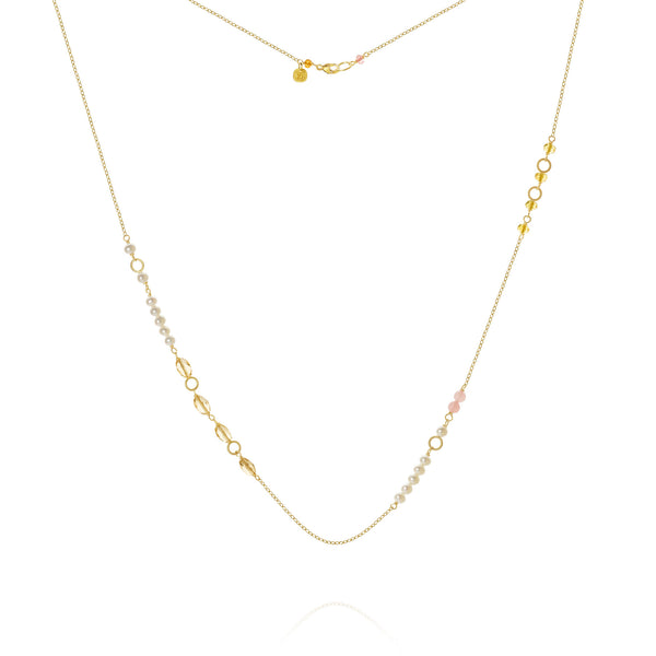Piccolo Mellow Goldkette aus 18K, 62cm I Perle, Quartz und Saphir